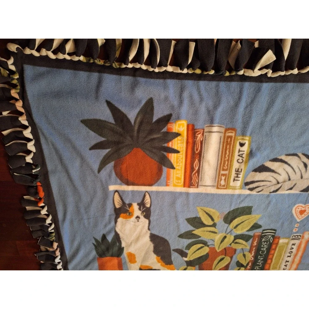 Handmade Fleece Tie Blanket Cats Books Plants Library Print Blue Throw 58